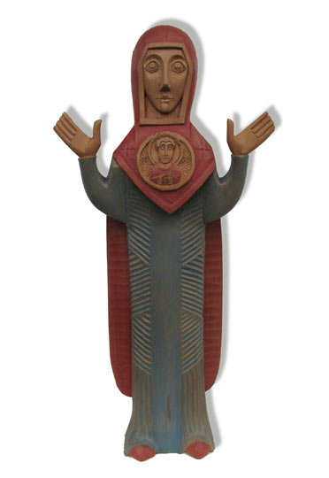 Sculpture sur bois d'une vierge orante en prière