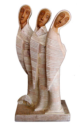 Sculpture sur bois de trois femmes myrrophores